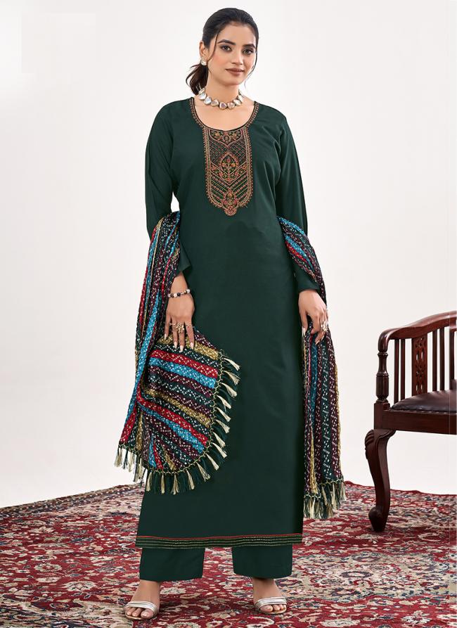 Rayon Rama Green Casual Wear Embroidery Work Palazzo Suit